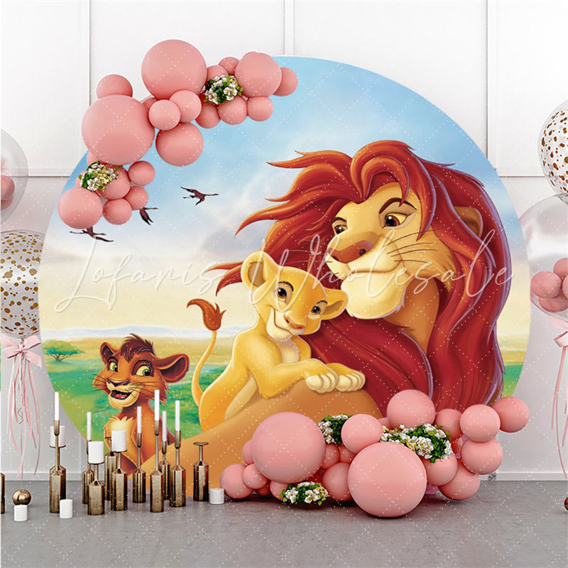 Lofaris Cartoon Lions Round Happy Birthday Backdrop For Kids