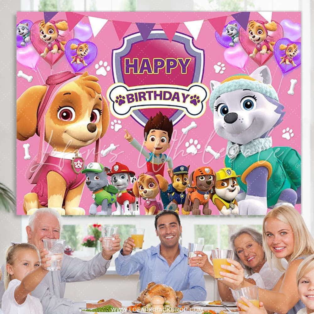 Lofaris Cartoon Little Dogs And Boy Pink Birthday Backdrop