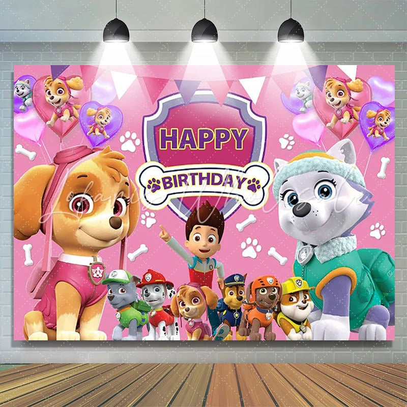 Lofaris Cartoon Little Dogs And Boy Pink Birthday Backdrop