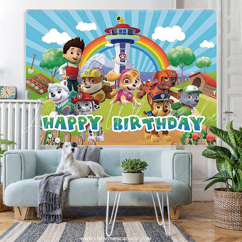 Lofaris Cartoon Little Dogs And Boy Theme Birthday Backdrop