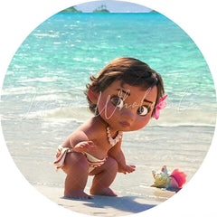 Lofaris Cartoon Little Girl Round Beach Birthday Party Backdrop