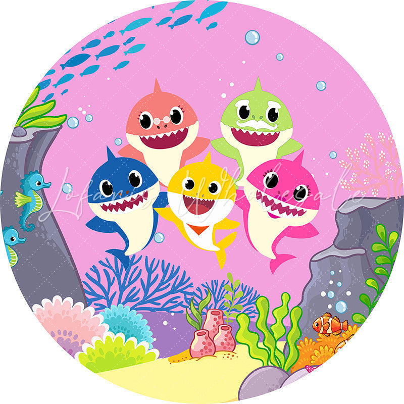 Lofaris Cartoon Little Shark Round Pink Happy Birthday Backdrop