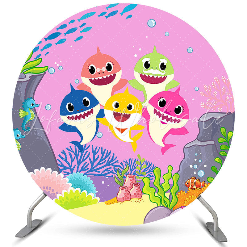 Lofaris Cartoon Little Shark Round Pink Happy Birthday Backdrop