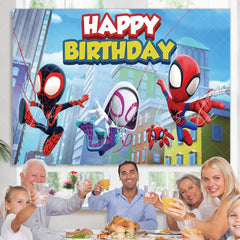 Lofaris Cartoon Little Spider Hero Happy Kids Birthday Backdrop