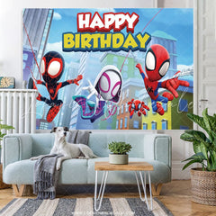Lofaris Cartoon Little Spider Hero Happy Kids Birthday Backdrop
