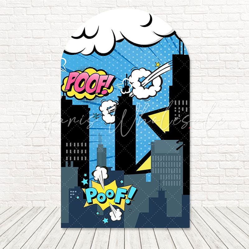 Cartoon Marvel Buildings Arch Backdrop for Superhero Themed Events