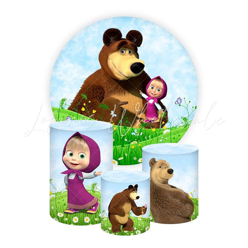Cartoon Masha and the Bear Round Backdrop and Cylinders Kit