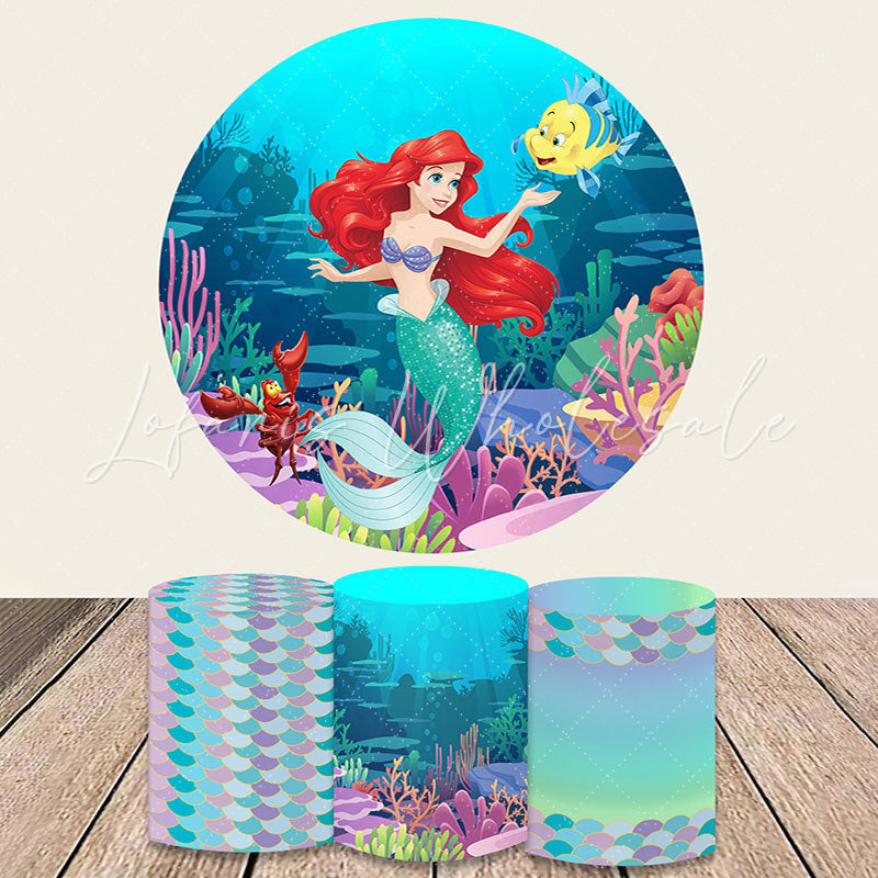Lofaris Cartoon Mermaid Princess And Fish Round Birthday Backdrop Kit