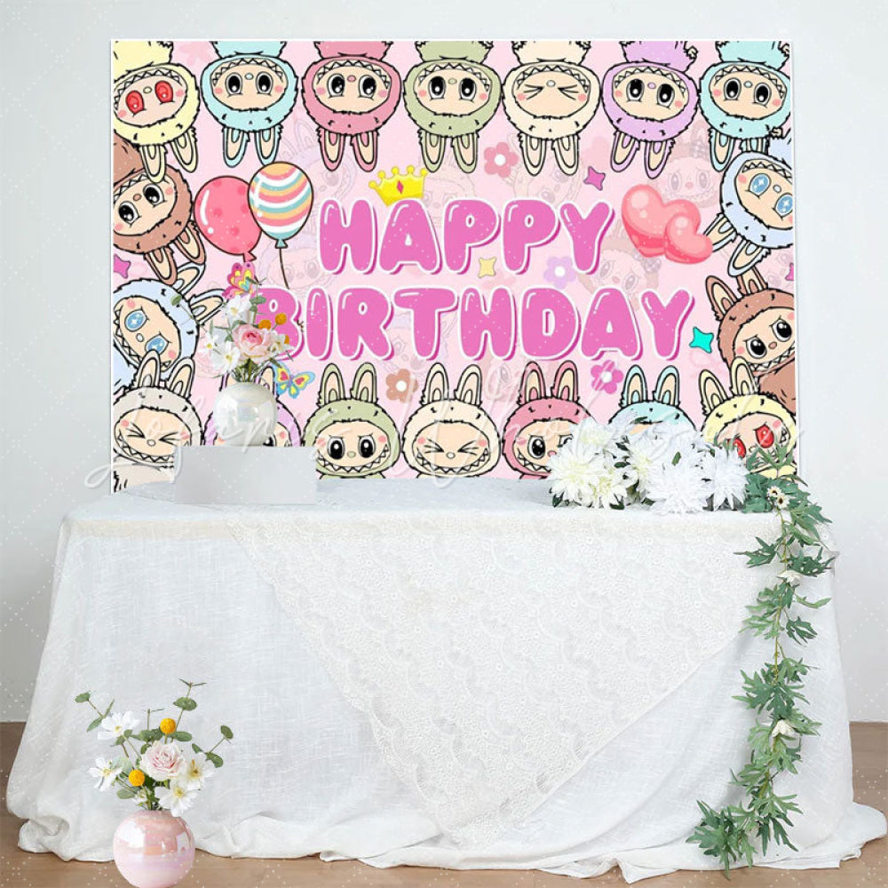 Cartoon Monsters Doll Happy Birthday Backdrop For Labub Theme Party