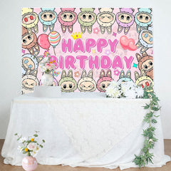 Cartoon Monsters Doll Happy Birthday Backdrop For Labub Theme Party