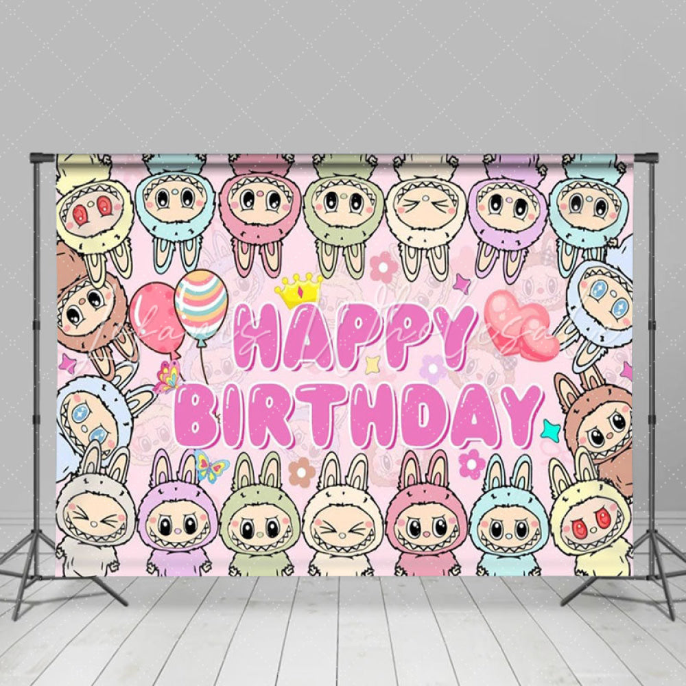 Cartoon Monsters Doll Happy Birthday Backdrop For Labub Theme Party