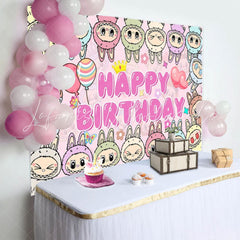 Cartoon Monsters Doll Happy Birthday Backdrop For Labub Theme Party