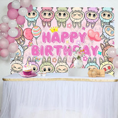 Cartoon Monsters Doll Happy Birthday Backdrop For Labub Theme Party