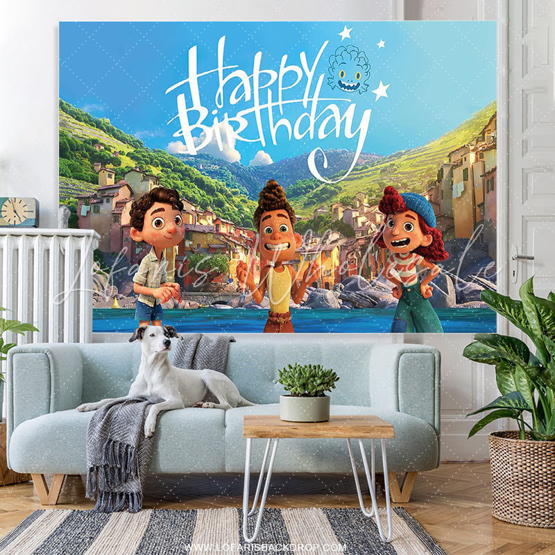 Lofaris Cartoon Mountain City And Boy Happy Birthday Backdrop