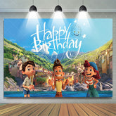 Lofaris Cartoon Mountain City And Boy Happy Birthday Backdrop