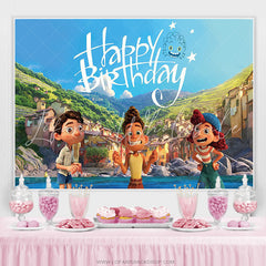 Lofaris Cartoon Mountain City And Boy Happy Birthday Backdrop