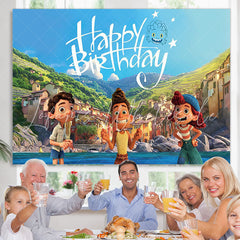 Lofaris Cartoon Mountain City And Boy Happy Birthday Backdrop