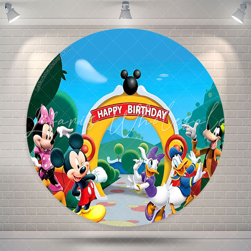 Lofaris Cartoon Mouse Duck Round Happy Birthday Backdrop