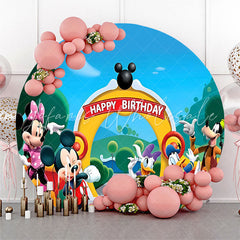 Lofaris Cartoon Mouse Duck Round Happy Birthday Backdrop