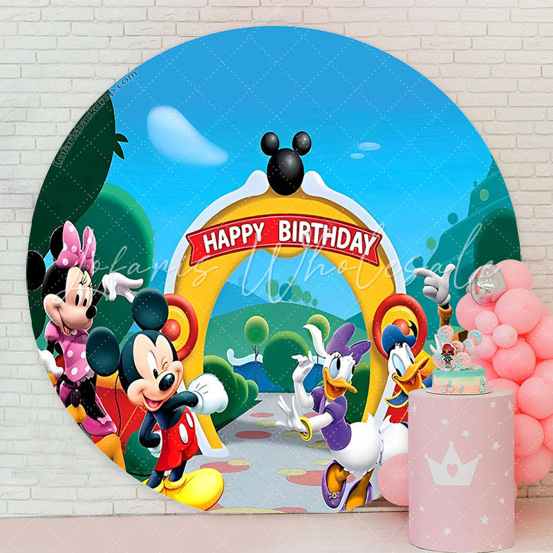 Lofaris Cartoon Mouse Duck Round Happy Birthday Backdrop