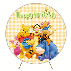 Cartoon Orange Plaid Winnie The Pooh Round Birthday Backdrop