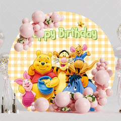 Cartoon Orange Plaid Winnie The Pooh Round Birthday Backdrop