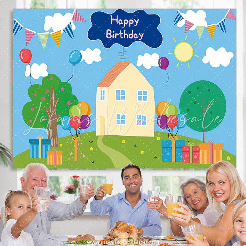Lofaris Cartoon Pig House Balloons Kids Birthday Backdrop