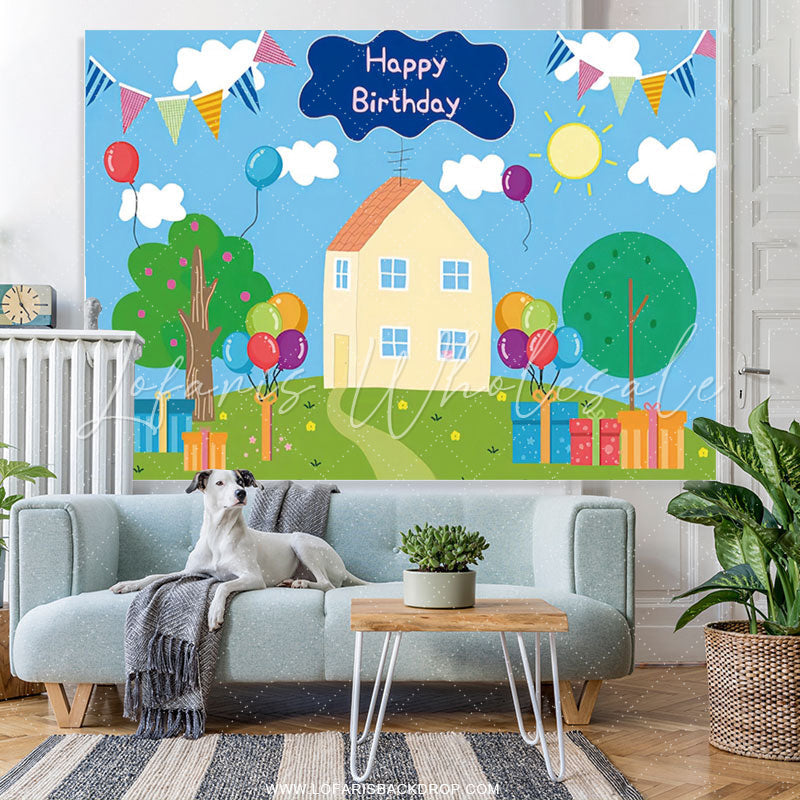 Lofaris Cartoon Pig House Balloons Kids Birthday Backdrop