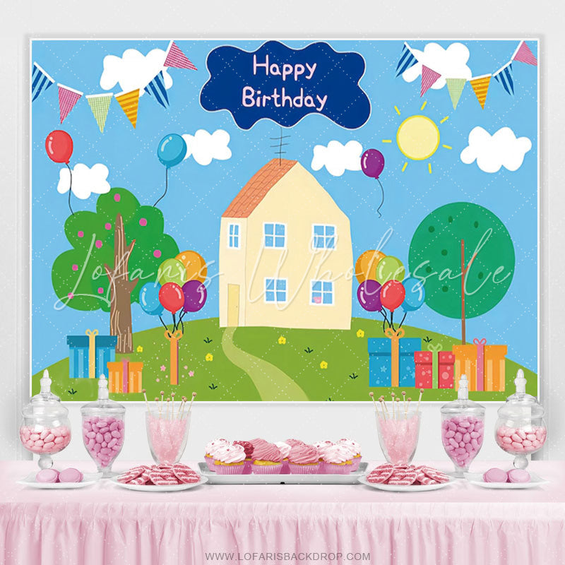Lofaris Cartoon Pig House Balloons Kids Birthday Backdrop