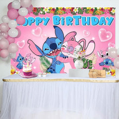 Cartoon Pink Angel Stitch Floral Birthday Party Backdrop For Kids