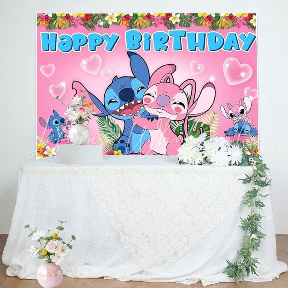 Cartoon Pink Angel Stitch Floral Birthday Party Backdrop For Kids