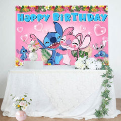 Cartoon Pink Angel Stitch Floral Birthday Party Backdrop For Kids