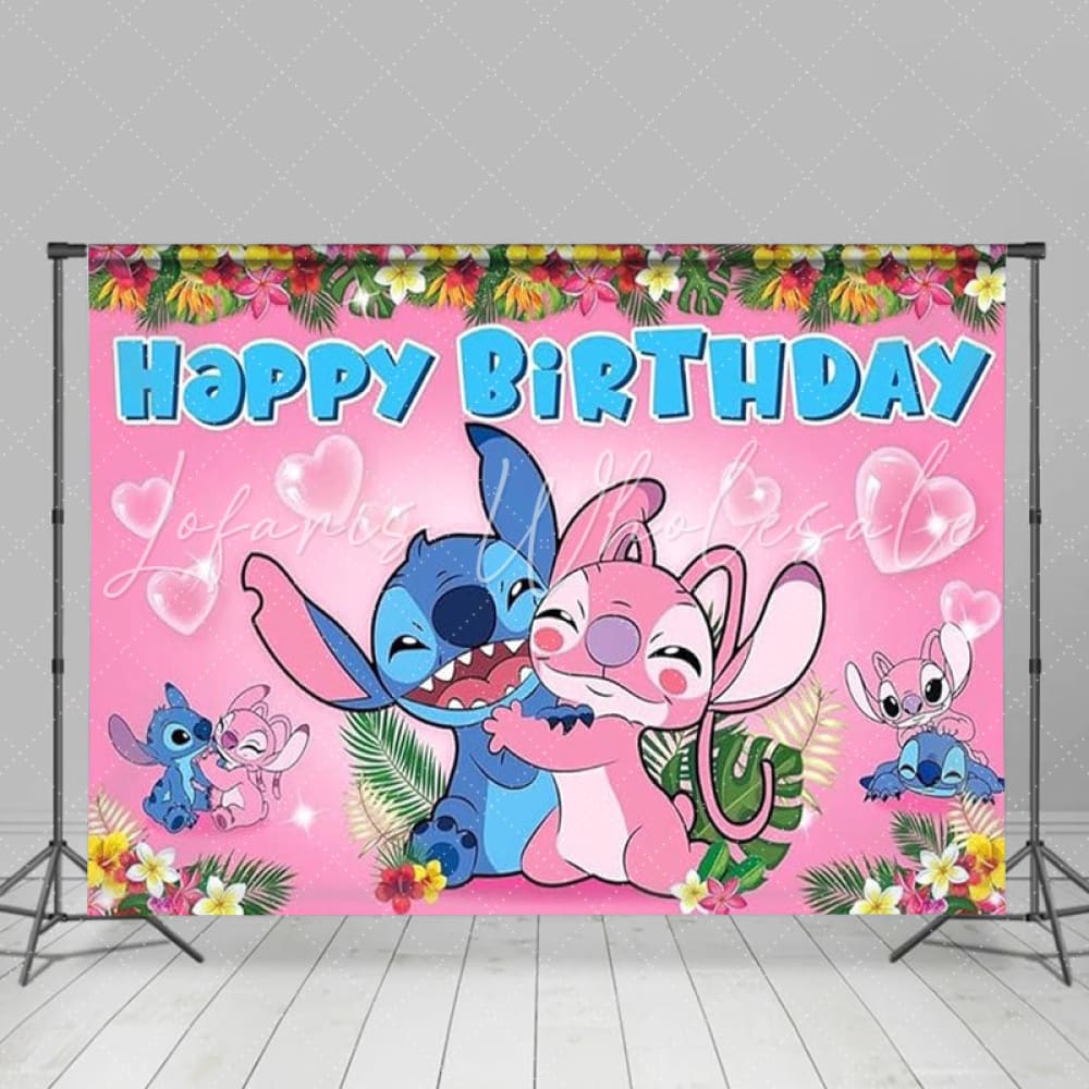 Cartoon Pink Angel Stitch Floral Birthday Party Backdrop For Kids