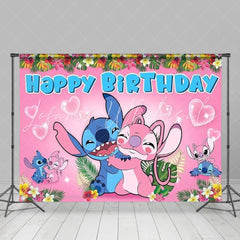Cartoon Pink Angel Stitch Floral Birthday Party Backdrop For Kids