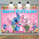 Cartoon Pink Angel Stitch Floral Birthday Party Backdrop For Kids