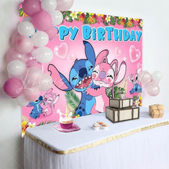 Cartoon Pink Angel Stitch Floral Birthday Party Backdrop For Kids