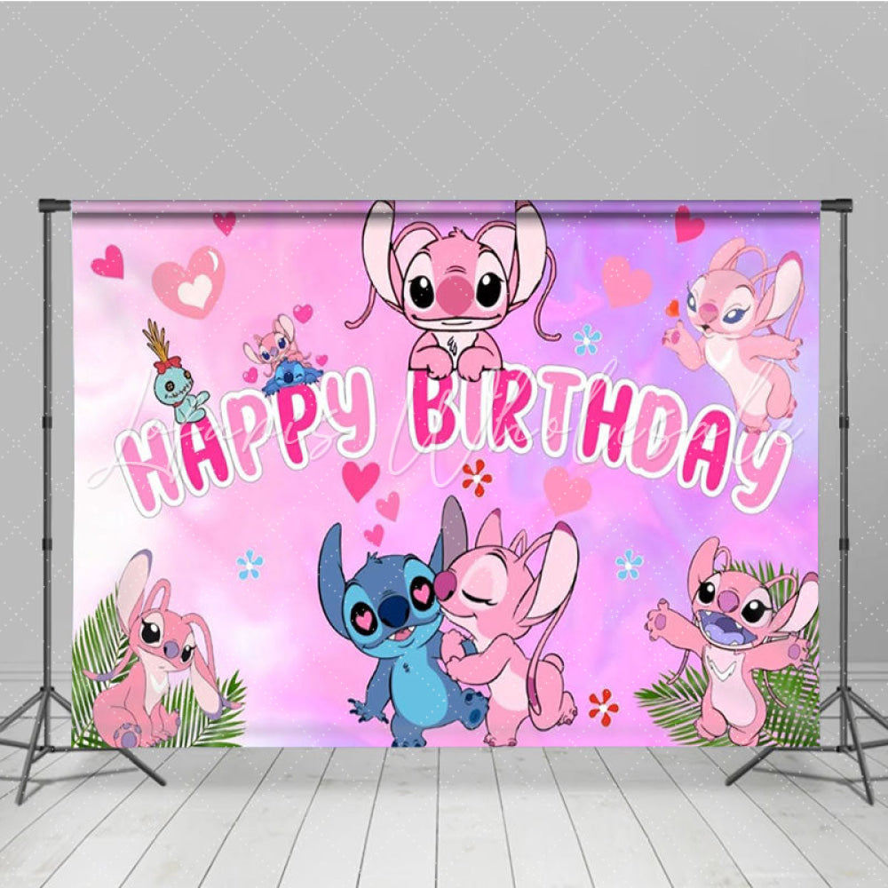Cartoon Pink Loving Stitch And Angel Birthday Party Backdrop