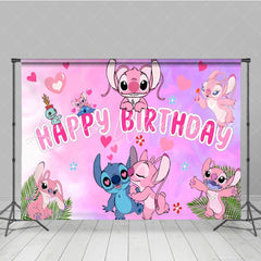 Cartoon Pink Loving Stitch And Angel Birthday Party Backdrop