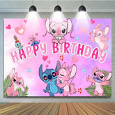Cartoon Pink Loving Stitch And Angel Birthday Party Backdrop