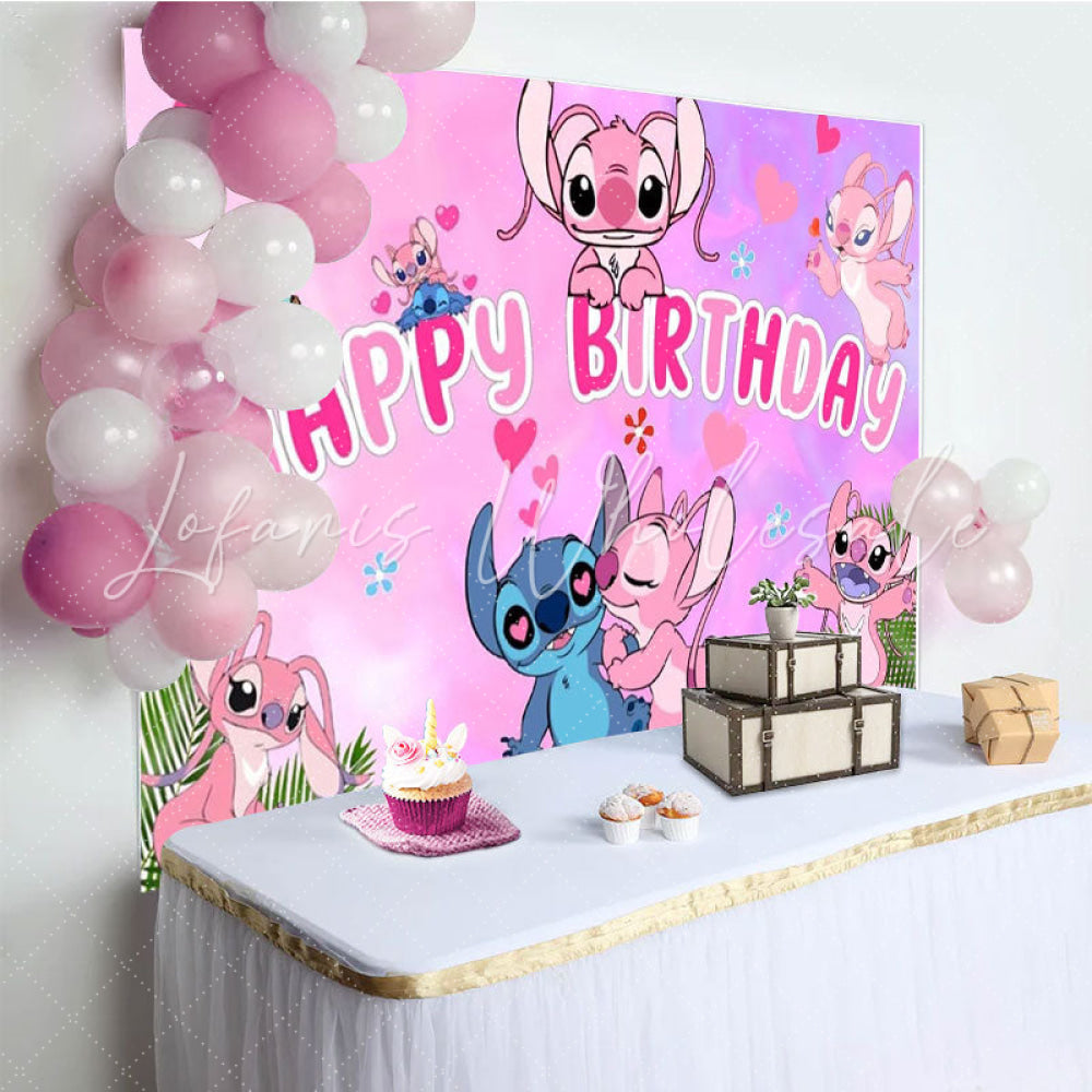 Cartoon Pink Loving Stitch And Angel Birthday Party Backdrop