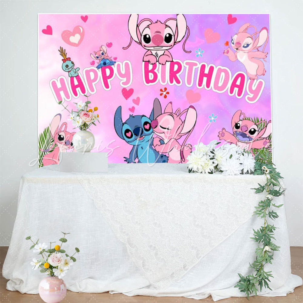 Cartoon Pink Loving Stitch And Angel Birthday Party Backdrop