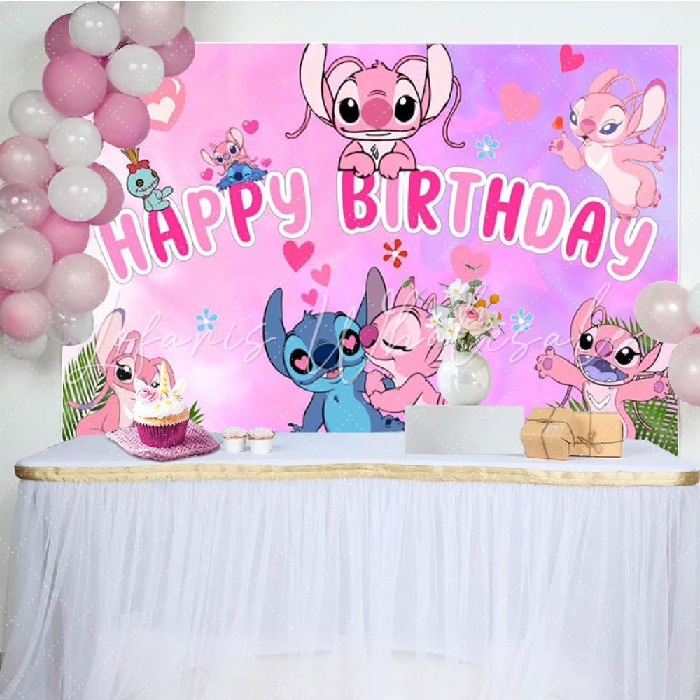Cartoon Pink Loving Stitch And Angel Birthday Party Backdrop