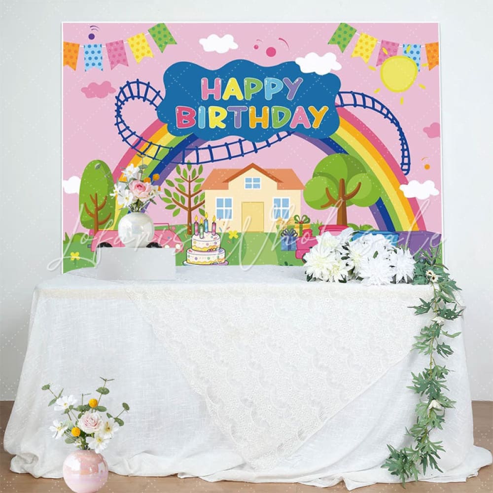Cartoon Pink Peppa Pig Theme Rainbow Happy Birthday Backdrop
