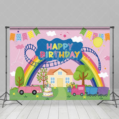Cartoon Pink Peppa Pig Theme Rainbow Happy Birthday Backdrop