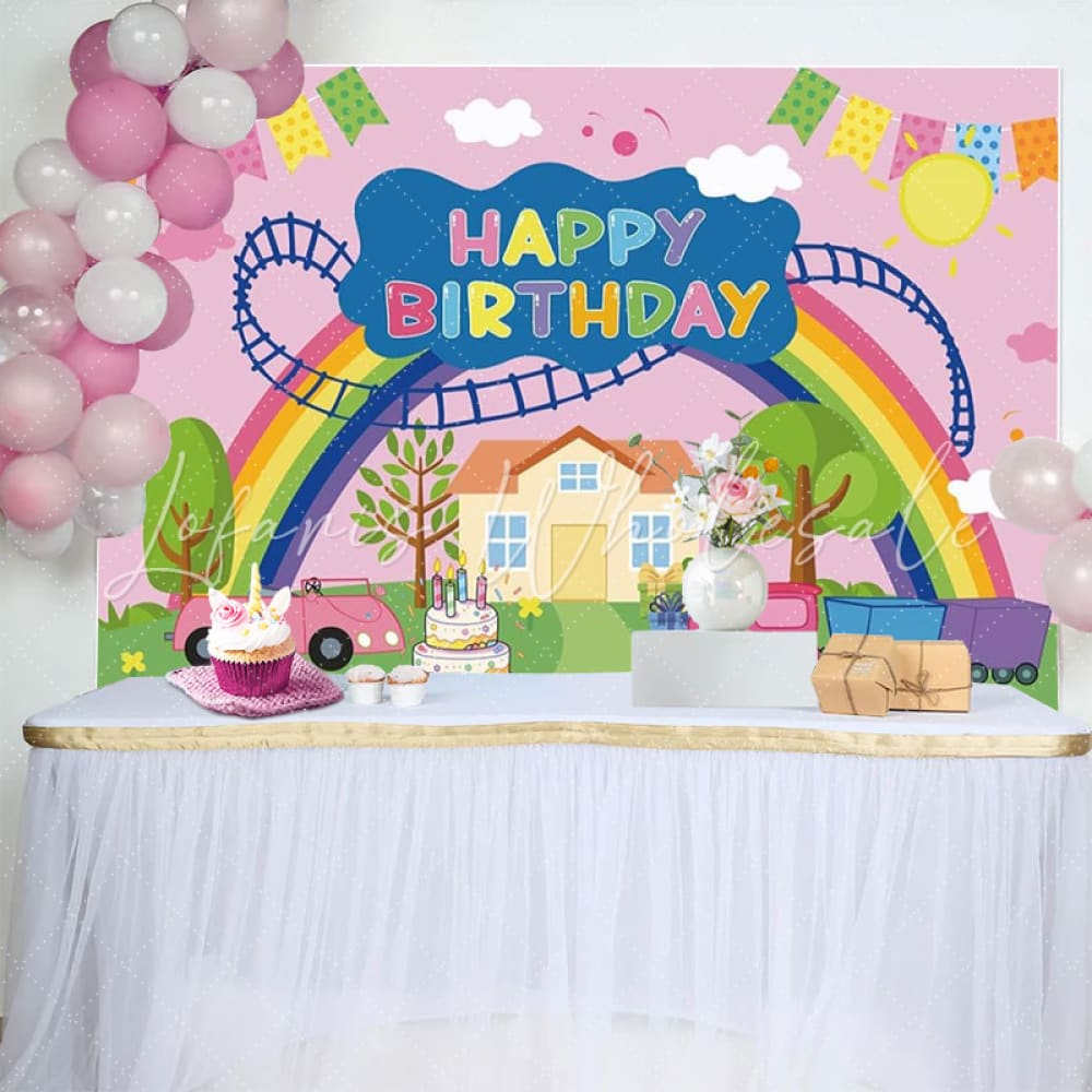 Cartoon Pink Peppa Pig Theme Rainbow Happy Birthday Backdrop