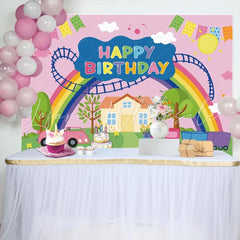Cartoon Pink Peppa Pig Theme Rainbow Happy Birthday Backdrop