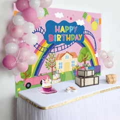 Cartoon Pink Peppa Pig Theme Rainbow Happy Birthday Backdrop