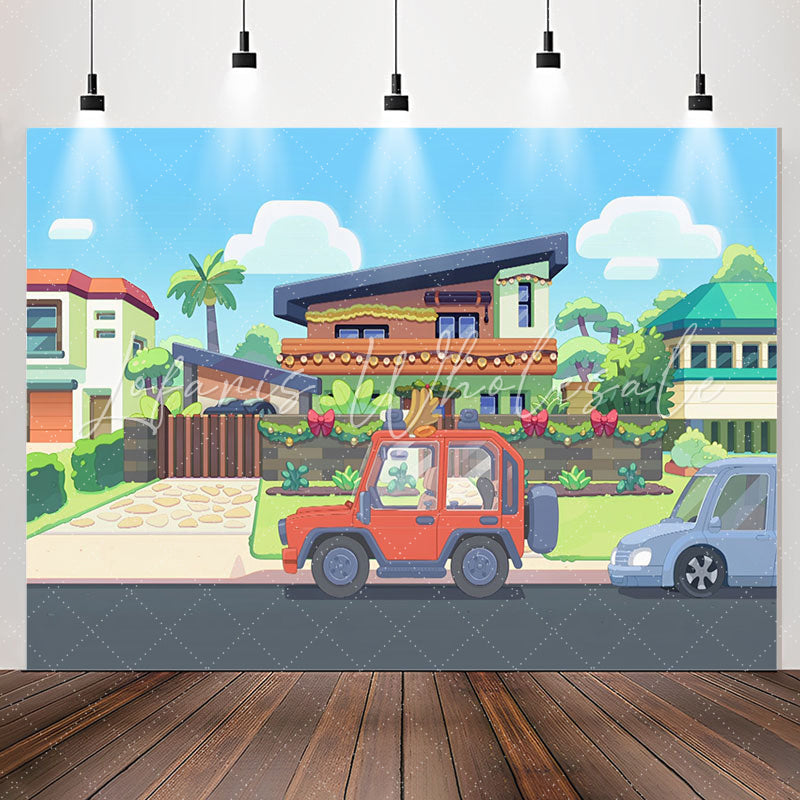 Lofaris Cartoon Pretty Neighbor House Car Birthday Backdrop