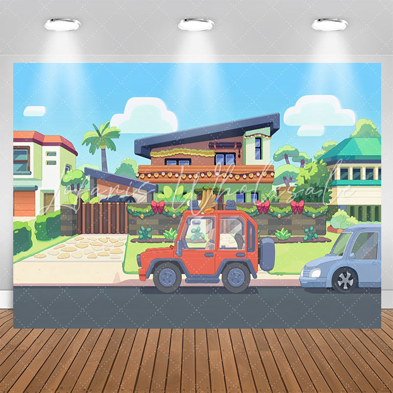 Lofaris Cartoon Pretty Neighbor House Car Birthday Backdrop