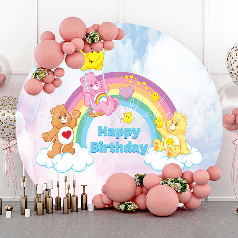 Lofaris Cartoon Rainbow Bears Happy Birthday Round Backdrop
